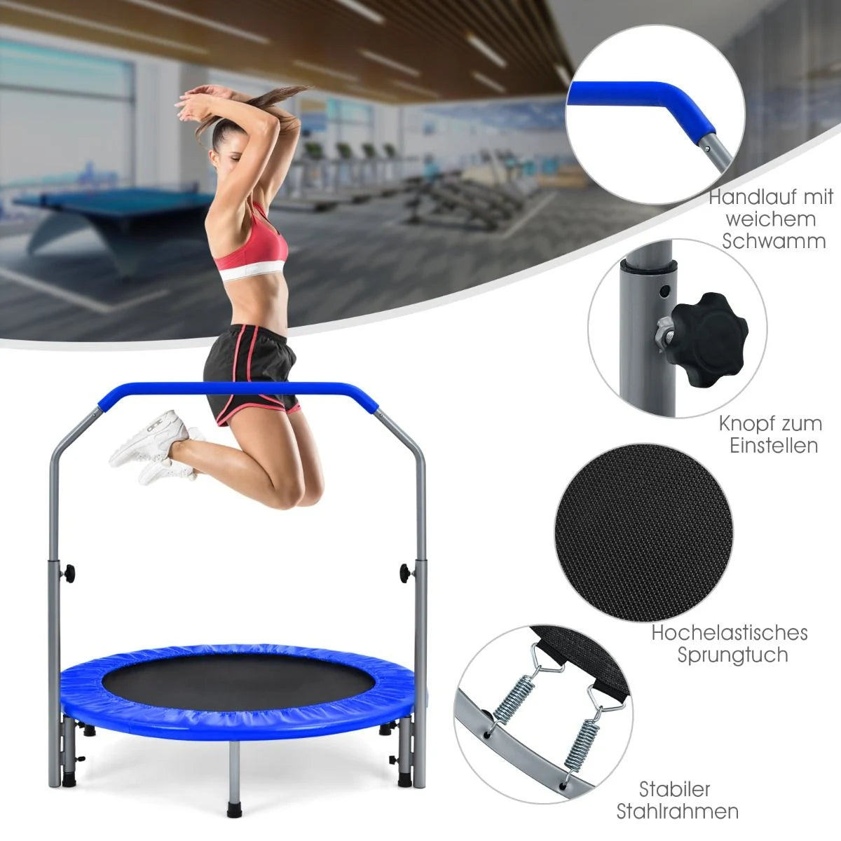 Ø101 Cm Klappbares Mini-Trampolin Fitness-Trampolin Mit Höhenverstellbarm Haltegriff