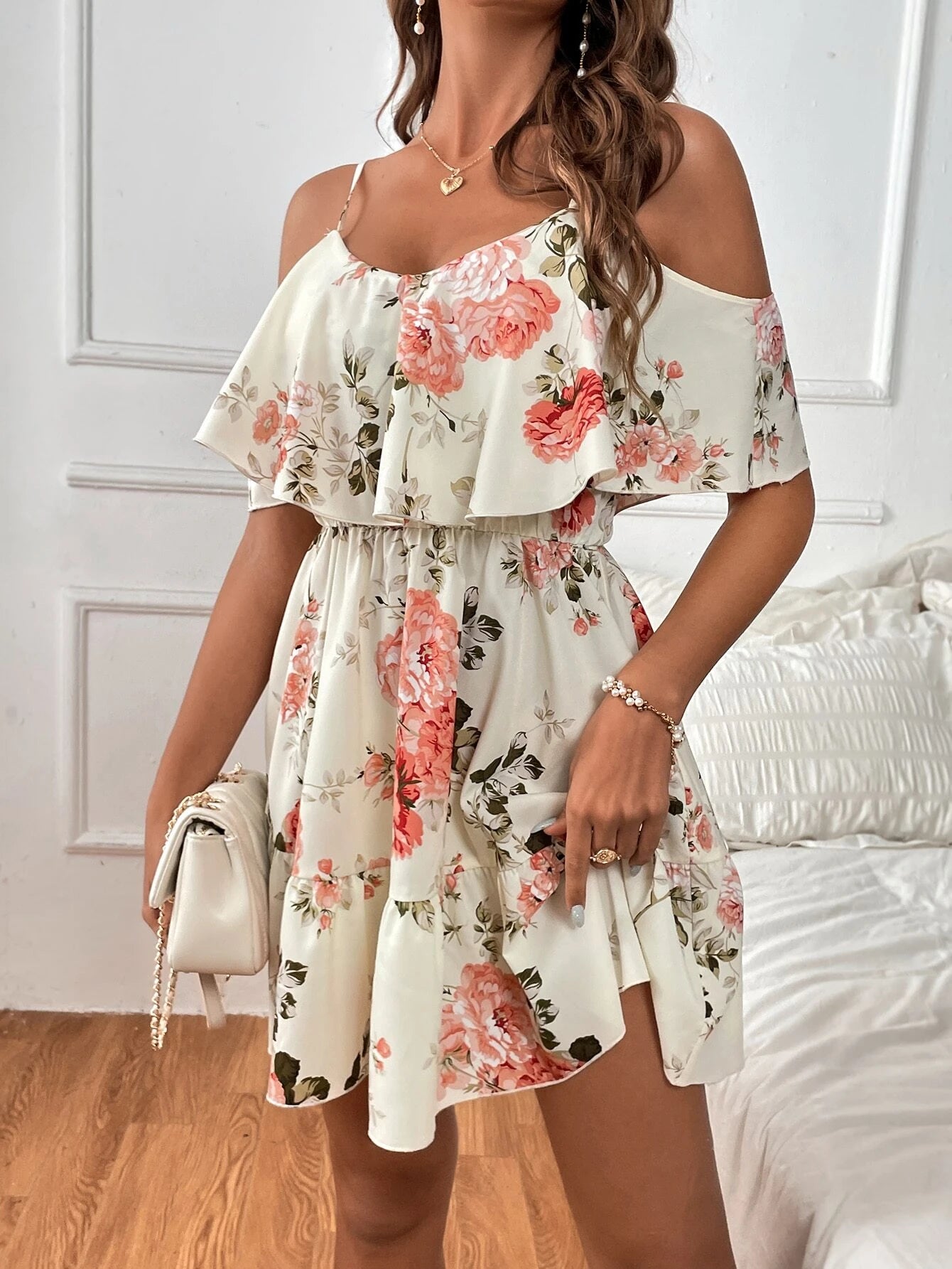 Clasi Romantic Flower and Plant Printed Off-The-Shoulder Ruffle Strap Vacation Summer Dress Dresses Graduation,Summer Dresses for Women