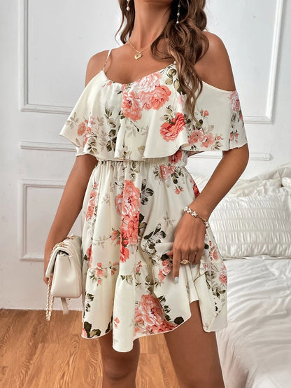 Clasi Romantic Flower and Plant Printed Off-The-Shoulder Ruffle Strap Vacation Summer Dress Dresses Graduation,Summer Dresses for Women