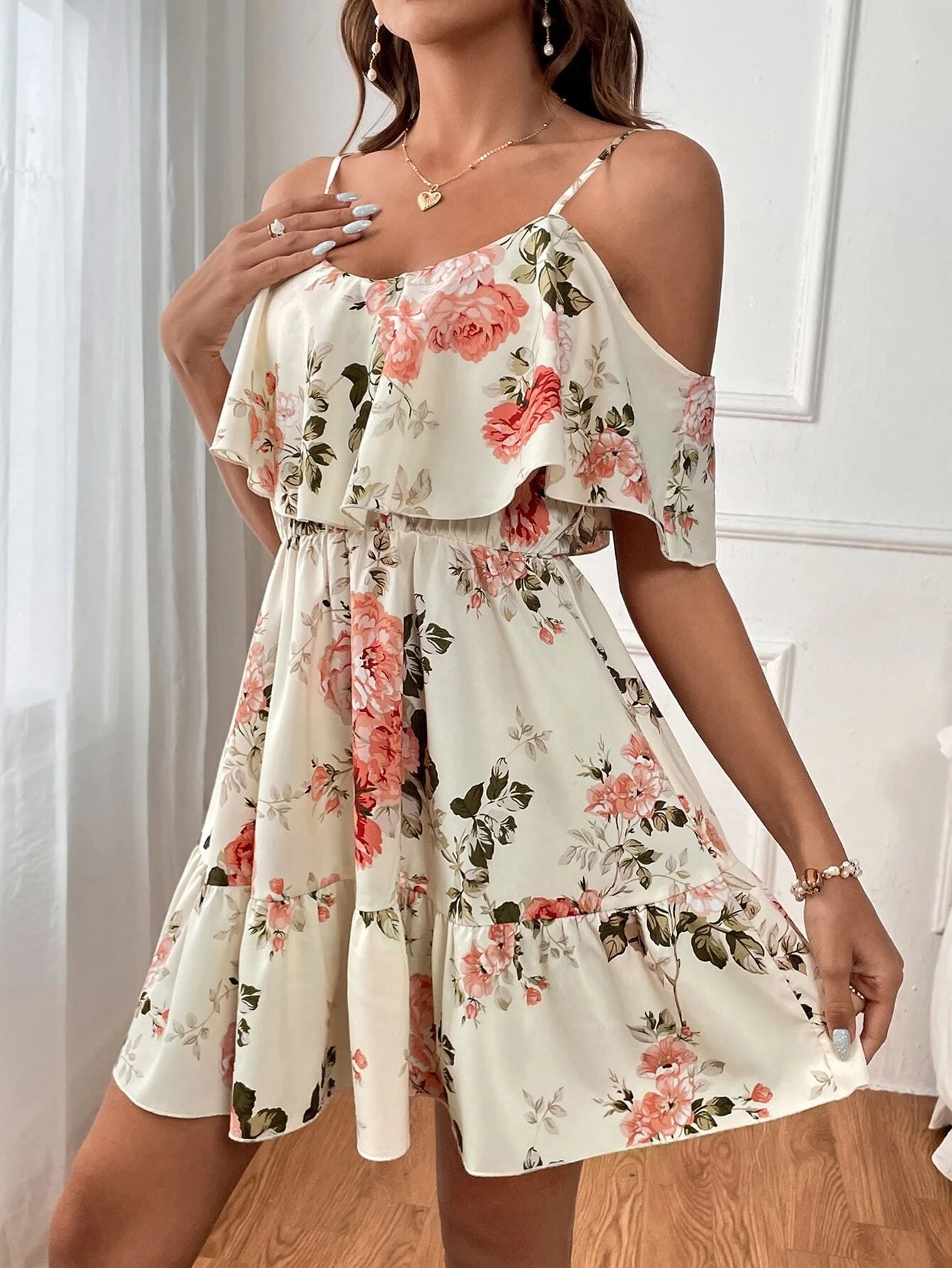 Clasi Romantic Flower and Plant Printed Off-The-Shoulder Ruffle Strap Vacation Summer Dress Dresses Graduation,Summer Dresses for Women