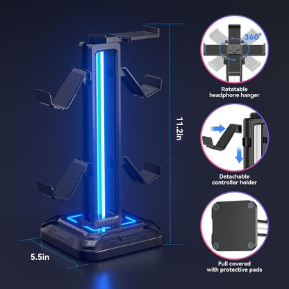 KDD Headset Halterung Mit 9 Lichtmodi - Controller Halter Schreibtisch - Drehbarer Gaming Kopfhörer Ständer & Abnehmbarer Controller Haken Für Gamer PC Xbox ONE PS5 Gaming Zubehör (Schwarz)