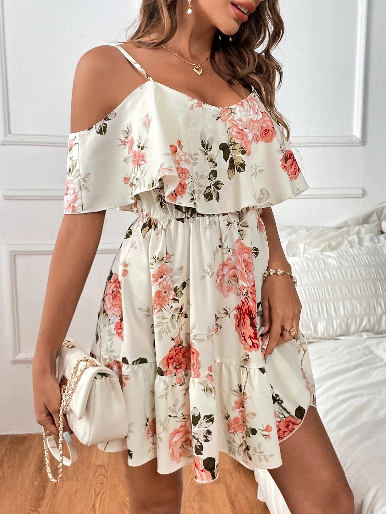 Clasi Romantic Flower and Plant Printed Off-The-Shoulder Ruffle Strap Vacation Summer Dress Dresses Graduation,Summer Dresses for Women