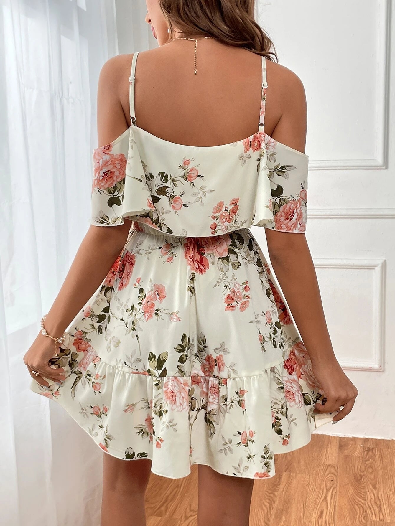 Clasi Romantic Flower and Plant Printed Off-The-Shoulder Ruffle Strap Vacation Summer Dress Dresses Graduation,Summer Dresses for Women