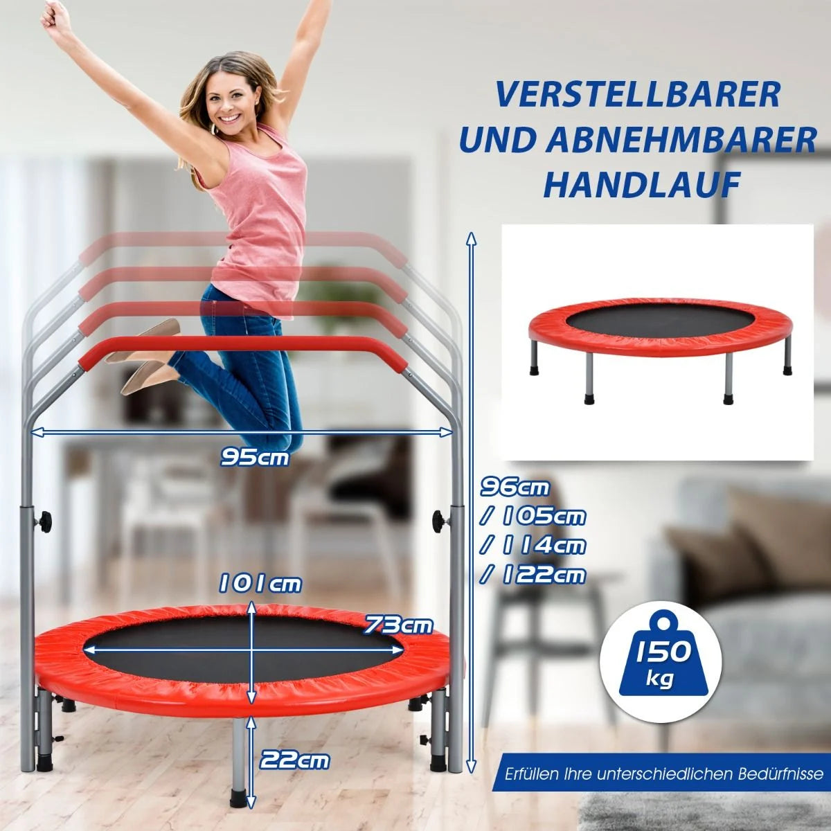 Ø101 Cm Klappbares Mini-Trampolin Fitness-Trampolin Mit Höhenverstellbarm Haltegriff