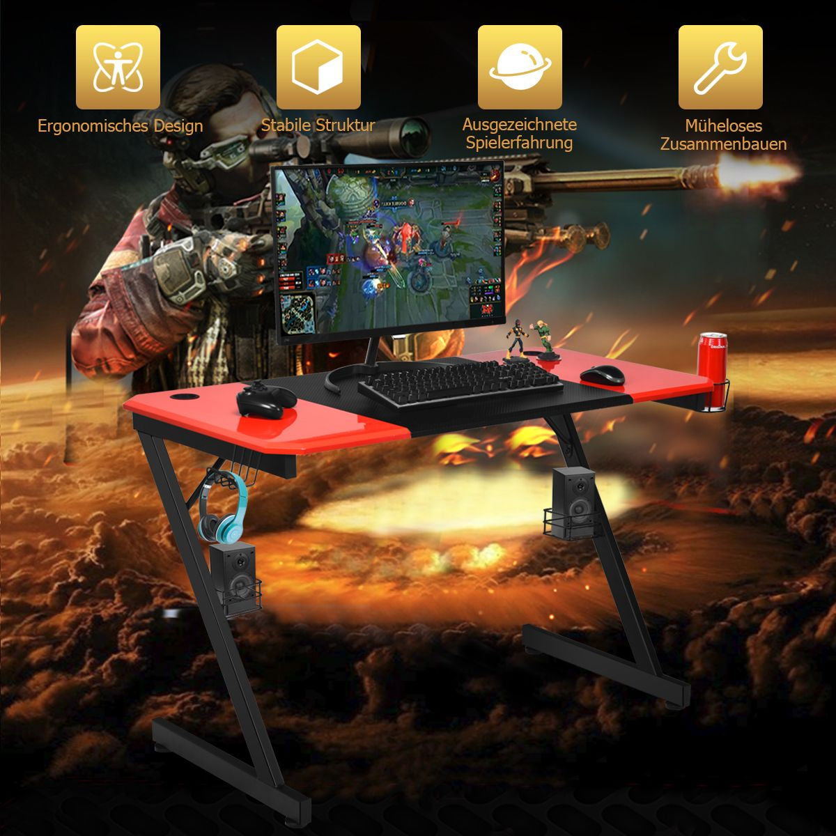 Z-Förmiger Gaming Tisch Computertisch PC Tisch Mit Becherhalter Kopfhörerhaken & Boxenständer Schreibtisch Schwarz/Rot