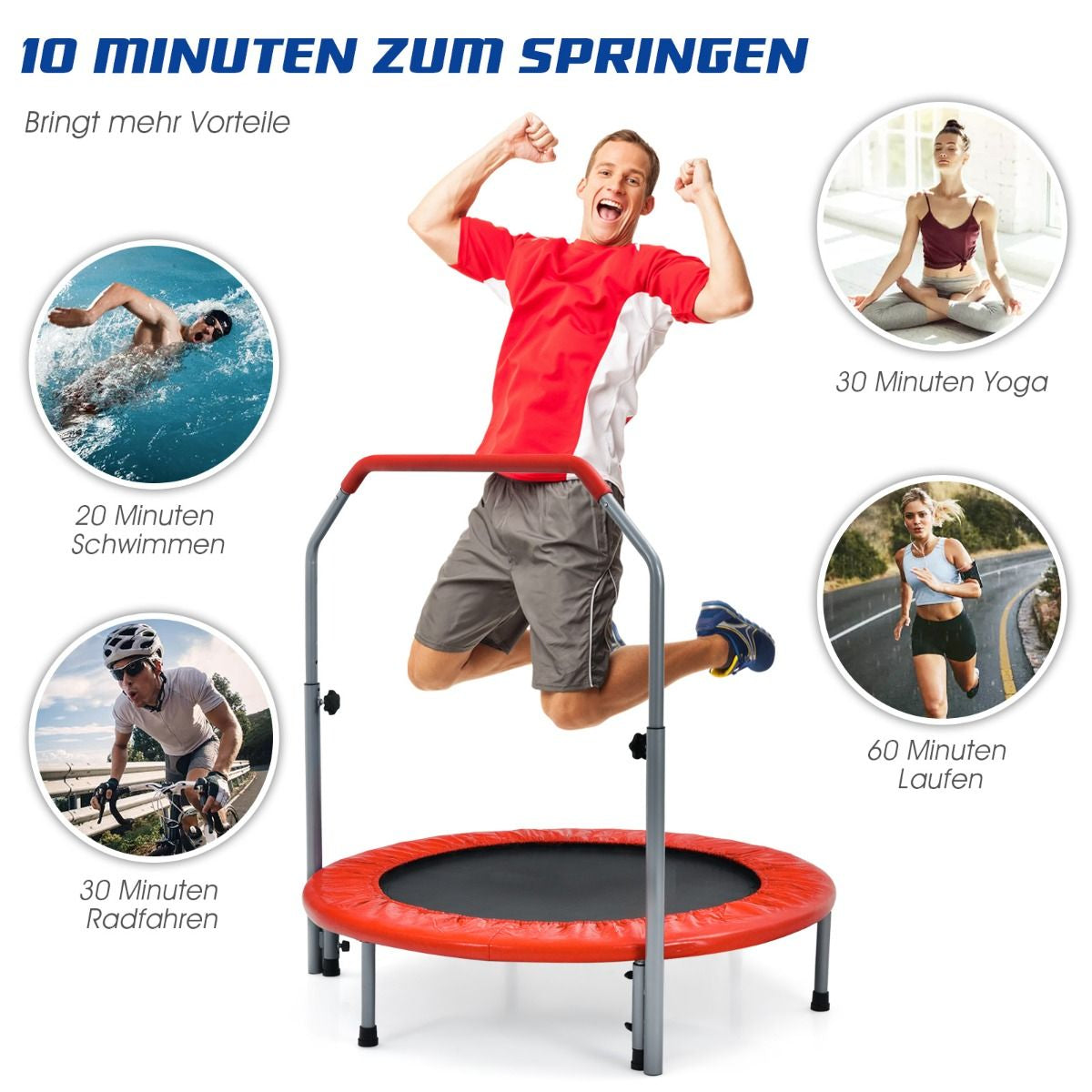 Ø101 Cm Klappbares Mini-Trampolin Fitness-Trampolin Mit Höhenverstellbarm Haltegriff