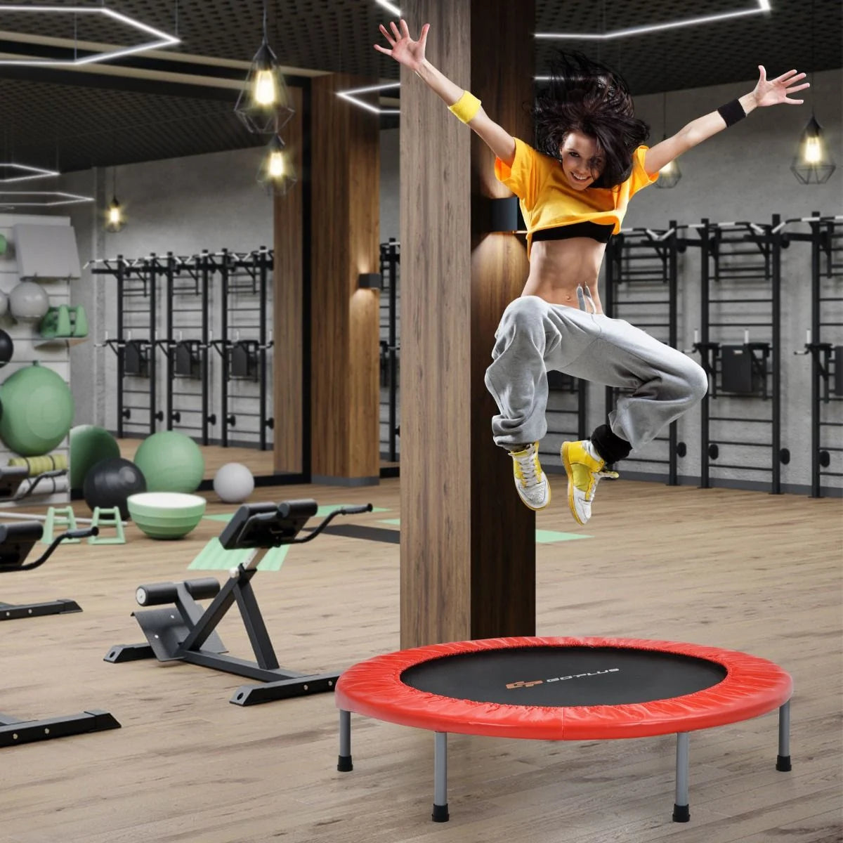 Ø101 Cm Klappbares Mini-Trampolin Fitness-Trampolin Mit Höhenverstellbarm Haltegriff