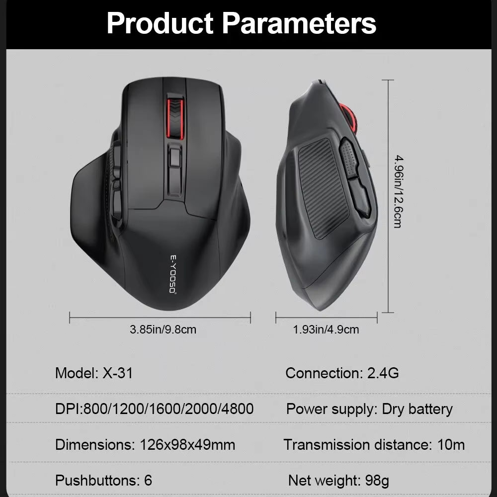 X-31 USB 2.4G Wireless Gaming Large Mouse for Big Hands PAW3212 4800 DPI 5 Buttons for Gamer Mice Computer Laptop PC