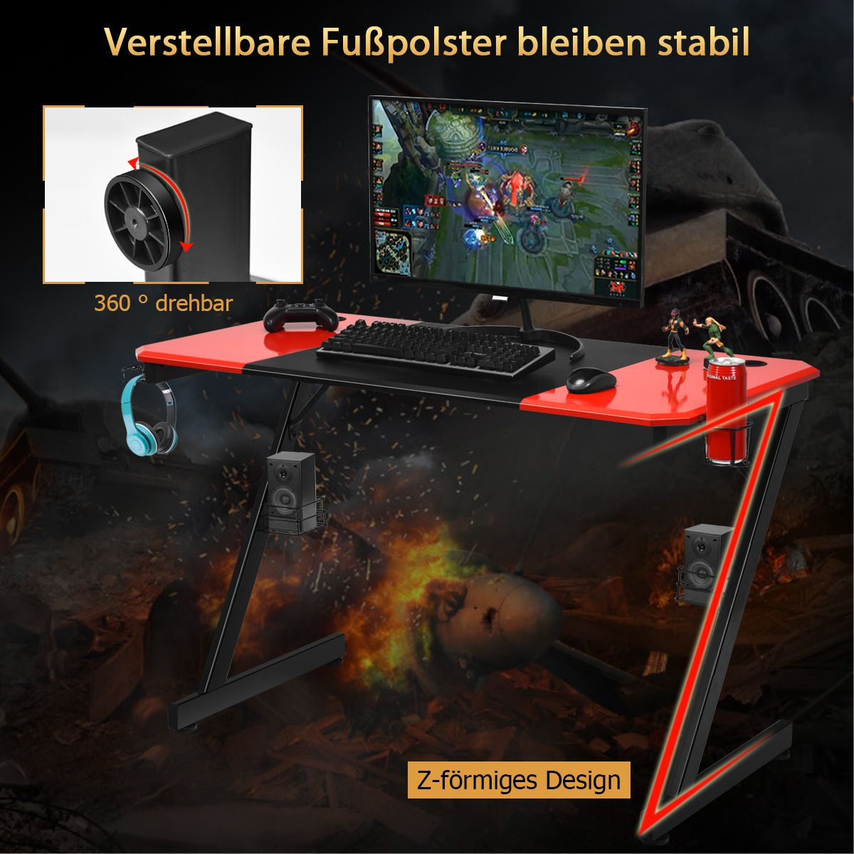 Z-Förmiger Gaming Tisch Computertisch PC Tisch Mit Becherhalter Kopfhörerhaken & Boxenständer Schreibtisch Schwarz/Rot