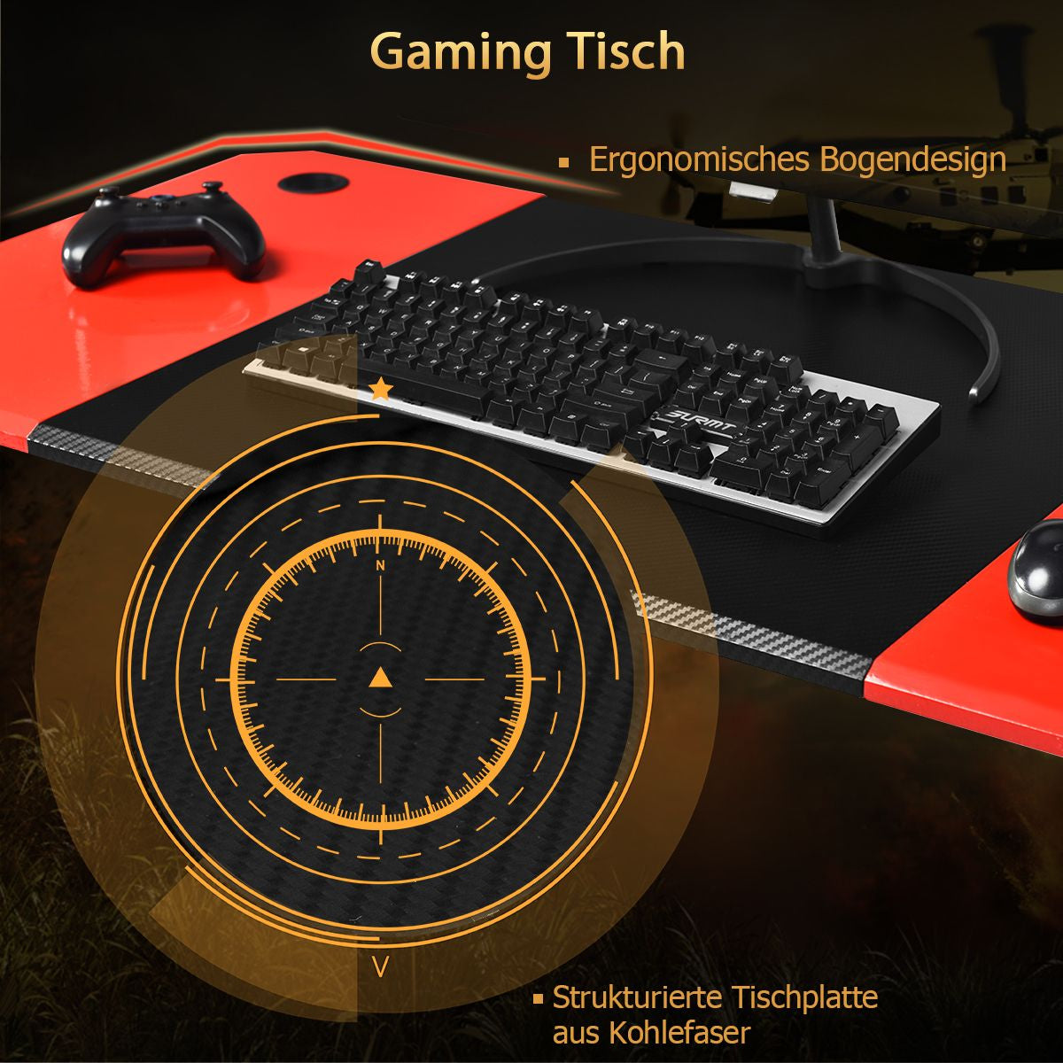 Z-Förmiger Gaming Tisch Computertisch PC Tisch Mit Becherhalter Kopfhörerhaken & Boxenständer Schreibtisch Schwarz/Rot