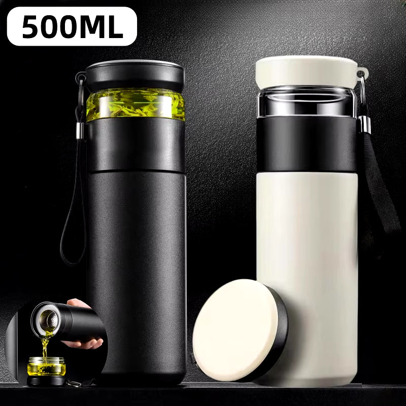 500Ml Tea Infuser Vacuum Flask Stainless Steel Insulated Cup with Independent Tea Storage Handle Travel Mug Business Cup Gifts
