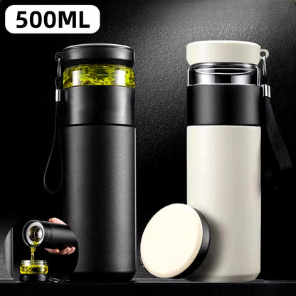 500Ml Tea Infuser Vacuum Flask Stainless Steel Insulated Cup with Independent Tea Storage Handle Travel Mug Business Cup Gifts