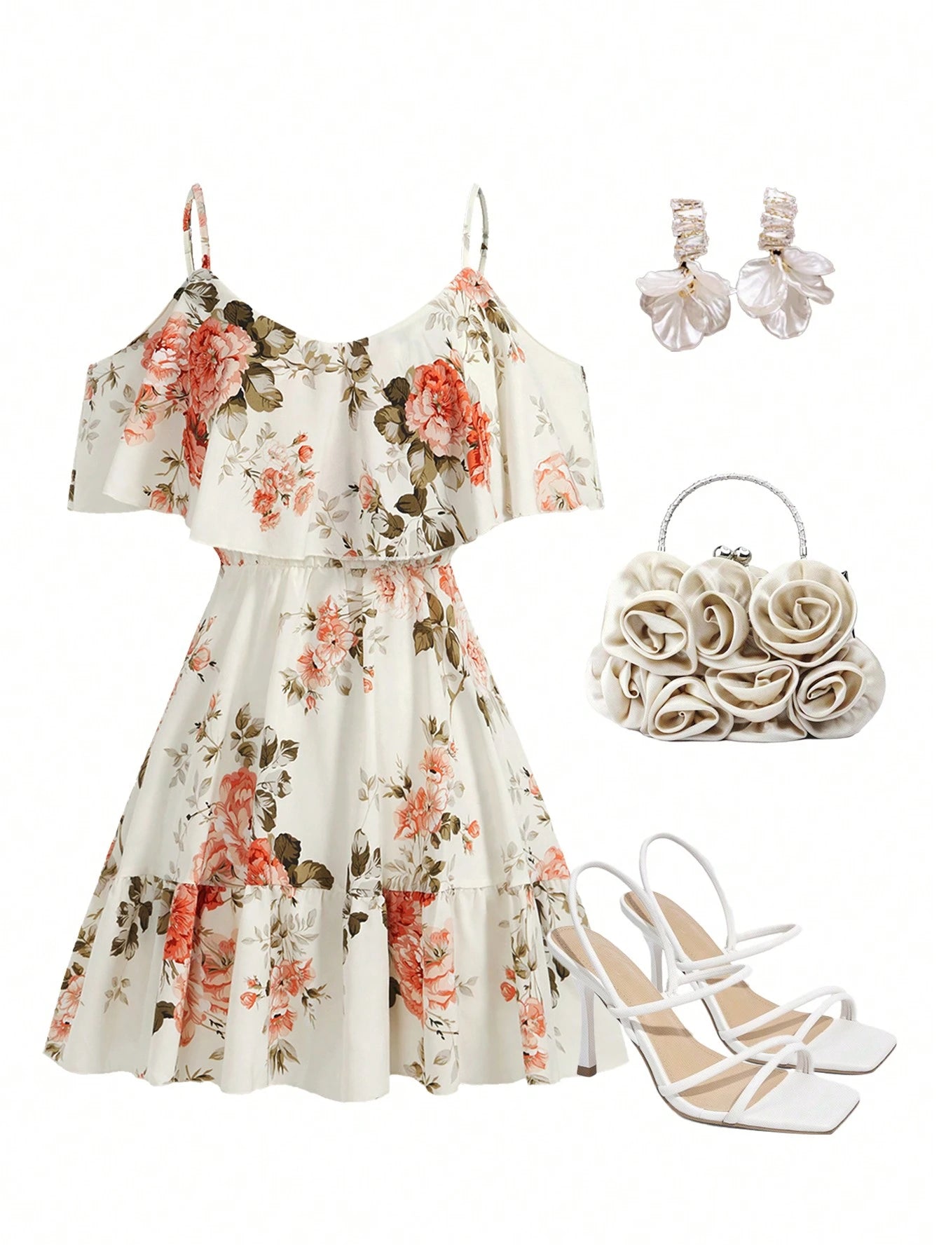 Clasi Romantic Flower and Plant Printed Off-The-Shoulder Ruffle Strap Vacation Summer Dress Dresses Graduation,Summer Dresses for Women